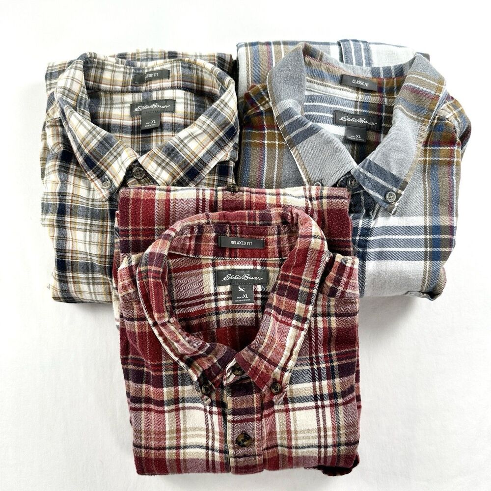 Eddie Bauer Flannel Shirt Mens XL Button Down Cotton Classic Relaxed Lot of 3